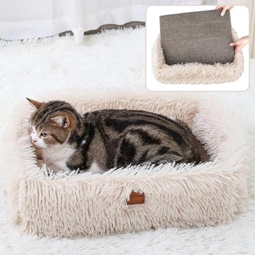 Kratzbrett Pappe mit Kratzbox für Katze,Kratzkarton Robuste Groß Katzenbett Flauschig Kratzbretter mit Wellpappe Abnehmbar Doppelseitig Verwendbar,Kratzunterlage für Möbelschutz 44×34×14cm (Beige) von TIGOADT