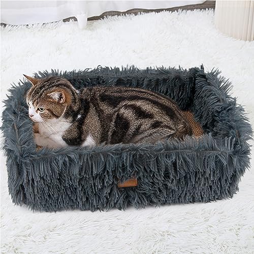 Kratzbrett Pappe mit Kratzbox für Katze,Kratzkarton Robuste Groß Katzenbett Flauschig Kratzbretter mit Wellpappe Abnehmbar Doppelseitig Verwendbar,Kratzunterlage für Möbelschutz 44×34×14cm (Grau) von TIGOADT