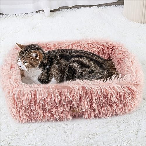 Kratzbrett Pappe mit Kratzbox für Katze,Kratzkarton Robuste Groß Katzenbett Flauschig Kratzbretter mit Wellpappe Abnehmbar Doppelseitig Verwendbar,Kratzunterlage für Möbelschutz 44×34×14cm (Rosa) von TIGOADT