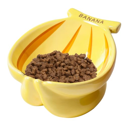 TIGOADT Katzennapf Erhöht Keramik, Bananenförmige Katzenschüssel, Breite und Geneigte Futternapf Katze mit Ständer, Anti Erbrechen Flache Fressnapf Katze für Kätzchen und ältere Katzen (Gelb) von TIGOADT