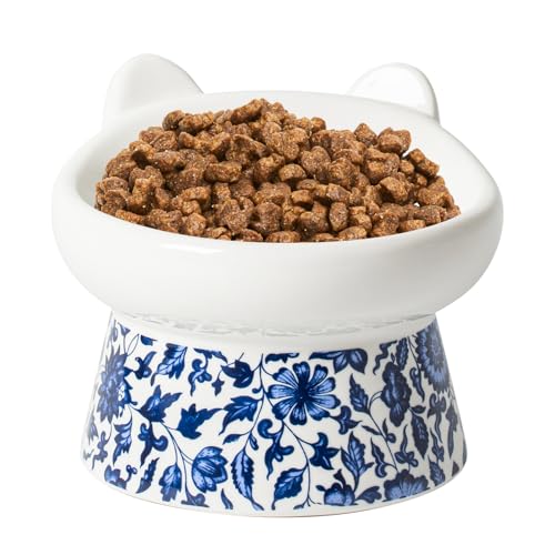 TIGOADT Katzennapf Erhöht Keramik, Breite und Geneigte Futternapf Katze mit Ständer, Anti Erbrechen Flache Fressnapf Katze, Katzenschüssel für Kätzchen und ältere Katzen (Blau-Weiß-Muster) von TIGOADT