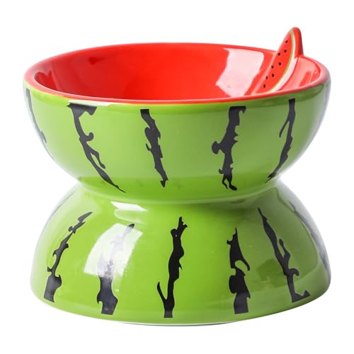 TIGOADT Katzennapf Erhöht Keramik, Katzenschüssel in Wassermelonen Optik, Flache Futternapf Katze mit Ständer, Anti Erbrechen Fressnapf Katze für Kätzchen, Spülmaschinenfest (Grün) von TIGOADT