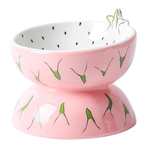 TIGOADT Katzennapf Erhöht Keramik, Katzenschüssel mit Drachenfrucht-Design, Geneigte Futternapf Katze mit Ständer, Anti Erbrechen Flache Fressnapf Katze für Kätzchen, Spülmaschinenfest (Rosa) von TIGOADT