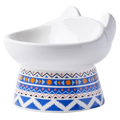 TIGOADT Katzennapf Keramik, Breite und Geneigte Futternapf Katze Erhöht, Anti Erbrechen Flache Katzenschüssel mit Ständer, Fressnapf Katze für Kätzchen und ältere Katzen (Boho-Muster, Blau) von TIGOADT