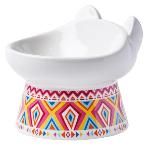 TIGOADT Katzennapf Keramik, Breite und Geneigte Futternapf Katze Erhöht, Anti Erbrechen Flache Katzenschüssel mit Ständer, Fressnapf Katze für Kätzchen und ältere Katzen (Boho-Muster, Rot) von TIGOADT