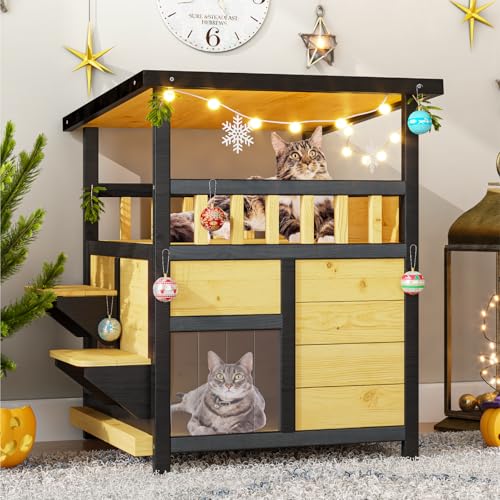 Katzenhaus für den Außenbereich, wetterfest, 2-stöckig, wilde Katzenhütte mit Fluchttür, Holz-Hundehütte für kleine/mittelgroße Haustiere, ausziehbarer Boden und Kratzmatte im Lieferumfang enthalten von TIMHAKA