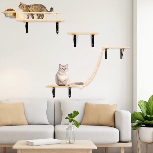 TIMIEEYA Katzen-Wandregale - 5er Set Katzenwandmöbel, Katzenregale und Sitzstangen für Wand, Indoor Katzenkletterregal mit 2 Katzenfutterschalen, 1 Brückenleiter & 3 Katzenwandstufen TIMIEEYA Katzen-Wandregale - 5er Set Katzenwandmöbel, Katzenregale und Sitzstangen für Wand, Indoor Katzenkletterregal mit 2 Katzenfutterschalen, 1 Brückenleiter & 3 Katzenwandstufen von TIMIEEYA