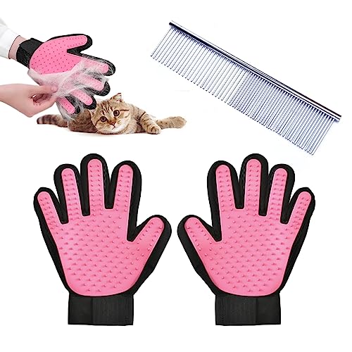 TIMJJG 1 Paar rosa Haarentfernungshandschuhe mit 1 Edelstahl-Pflegekamm, Haustier-Streuhaarentfernungshandschuhe, Haustier-Massage-Haarentfernungshandschuhe, geeignet für Kätzchen und Hunde von TIMJJG