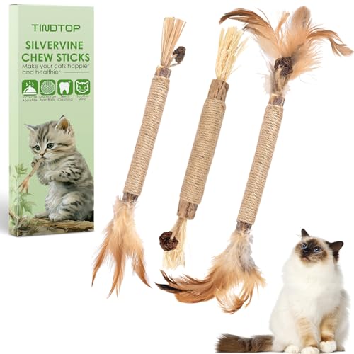 TINDTOP Silberne Weinrebenstäbchen für Katzen mit natürlichen Federn, Kauspielzeug mit Katzenminze zur Reinigung der Zähne von Kätzchen, tötet von TINDTOP