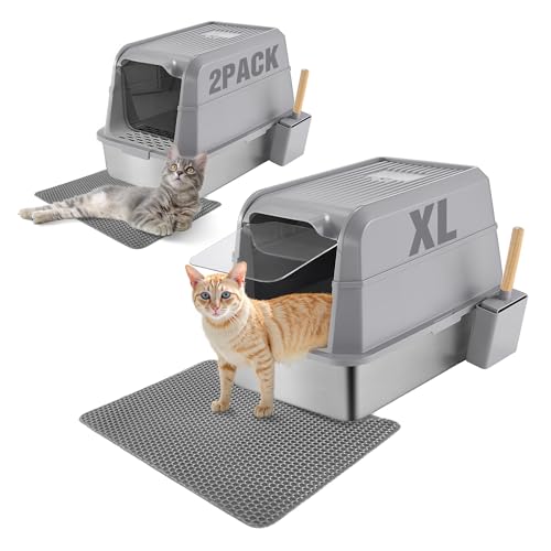 TIPOOP XL Katzentoilette aus Edelstahl mit Deckel, 61 x 40 x 43 cm (L x B x H), Geruchskontrolle und einfache Reinigung, antihaftbeschichtet, inkl. Streuschaufel, Grau, 2 Stück von TIPOOP