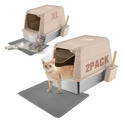 TIPOOP XL Katzentoilette aus Edelstahl mit Deckel, 61 x 40 x 43 cm (L x B x H), Geruchskontrolle und einfache Reinigung, antihaftbeschichtet, inklusive Streuschaufel, Khaki, 2 Stück von TIPOOP