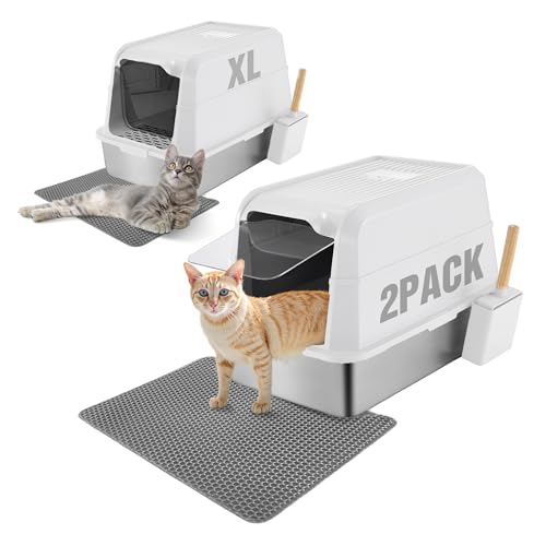 TIPOOP XL Katzentoilette aus Edelstahl mit Deckel, 61 x 40 x 43 cm (L x B x H), Geruchskontrolle und einfache Reinigung, antihaftbeschichtet, inklusive Streuschaufel, Weiß, 2 Stück von TIPOOP