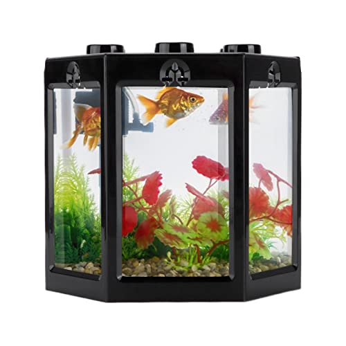 Kleines Betta-Aquarium, Sechseckiges Tragbares Mini-Aquarium, Aquarium-Starter-Sets, Fischschale, Aquarium-Starter-Sets für Schildkröten, Reptilien, Garnelen, Moos, Krabben, Insekten,(Schwarz) von TITA-DONG