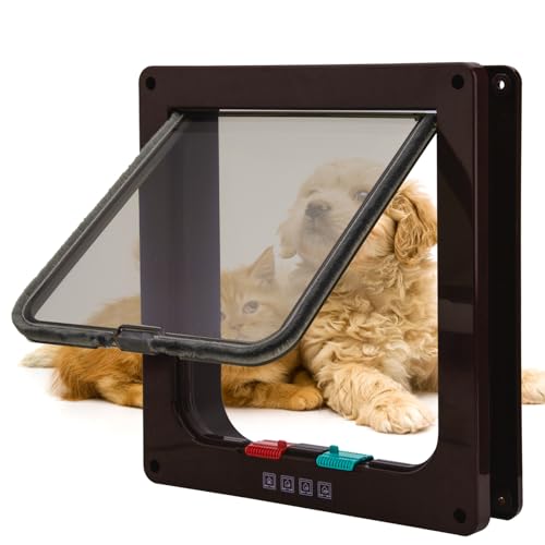 TKOOFN Klassische Katzenklappe Hundeklappe - 4 Wege Verschluss Katzentür Katzenklappe Haustier Tür Freilauftür für Katze, Kätzchen, kleinen Hund (Braun, L - 23.5 x 25 x 5.5cm) von Tkoofn