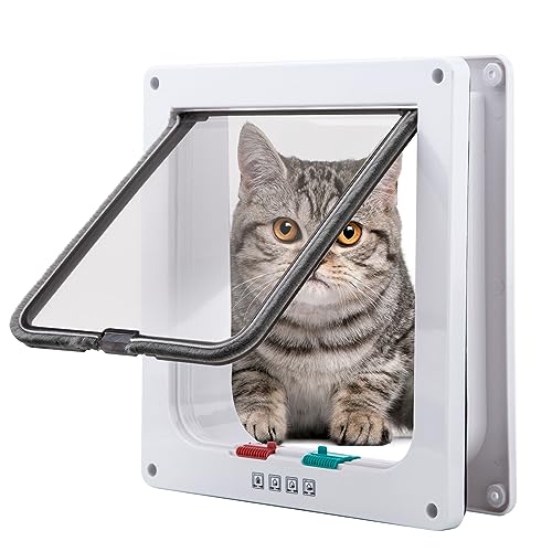 Tkoofn Katzenklappe Klassische Hundeklappe - 4 Wege Verschluss Katzentür Katzenklappe Innentür Haustier Tür Freilauftür für Katze, Kätzchen, kleinen Hund (Weiß, S - 19 x 19.8 x 1.9cm) von Tkoofn