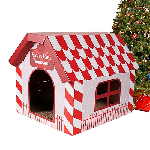 TLM Toys Karton Katzenhaus Weihnachten - Outdoor-Katzenhaus für Indoor-Katzen,Tierhaus mit Kratzbaum, abnehmbar und faltbar, mit Mehreren Fenstern, Weihnachtsthema zum Schlafen und für Katzen von TLM Toys