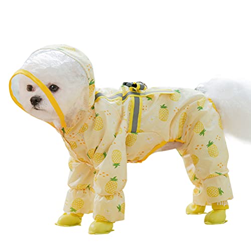Hunderegenmantel, Vollabdeckung mit reflektierendem Streifen, wasserdichter Hunde-Onesie-Mantel, mit Regenstiefel-Set for kleine und mittelgroße Hunde_2XL (Pink)(Pineapple,S-Back Length:29cm) von TLTLT
