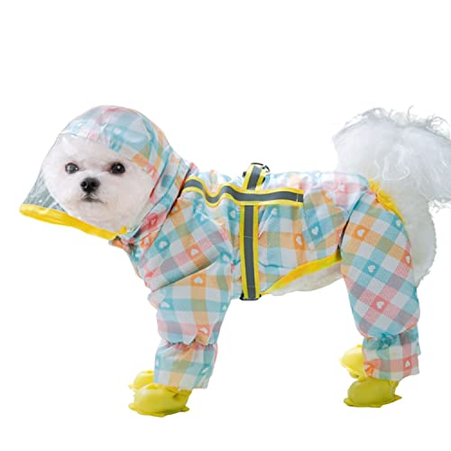 Hunderegenmantel, Vollabdeckung mit reflektierendem Streifen, wasserdichter Hunde-Onesie-Mantel, mit Regenstiefel-Set for kleine und mittelgroße Hunde_2XL (Pink)(Pink,2XL-Back Length:46cm) von TLTLT
