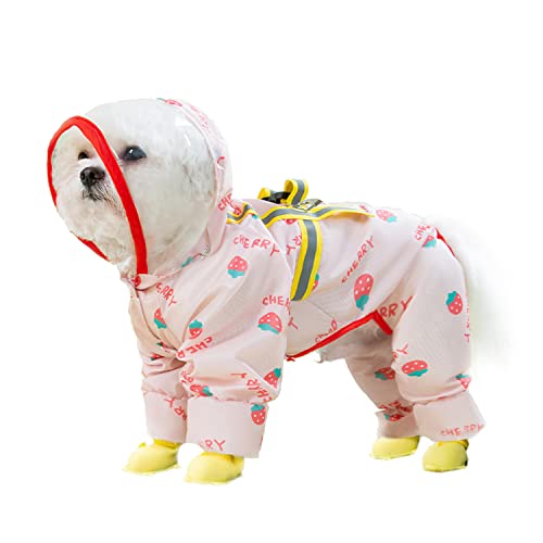 Hunderegenmantel, Vollabdeckung mit reflektierendem Streifen, wasserdichter Hunde-Onesie-Mantel, mit Regenstiefel-Set for kleine und mittelgroße Hunde_2XL (Pink)(Strawberry,M-Back Length:33cm) von TLTLT