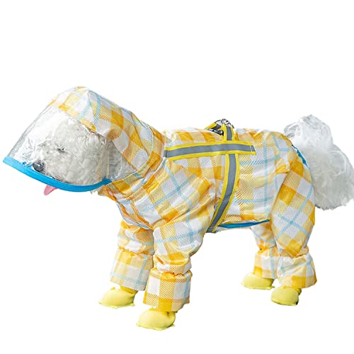 Hunderegenmantel, Vollabdeckung mit reflektierendem Streifen, wasserdichter Hunde-Onesie-Mantel, mit Regenstiefel-Set for kleine und mittelgroße Hunde_2XL (Pink)(Yellow,S-Back Length:29cm) von TLTLT