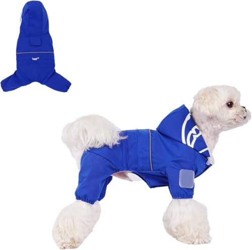 Hunderegenmantel, vierbeiniger All-Cover mit Kapuze, süß Bedruckt mit reflektierenden Streifen, wasserdichte Poncho-Kleidung for kleine und mittelgroße Hunde_2XL (blau)(Blue,S-Back Length:19.5cm) von TLTLT