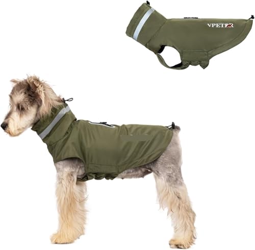 Hunderegenmantel klein, reflektierende, verstellbare, hochgeschlossene, wasserdichte Hundejacke mit Traktionsloch, leichter Regenponcho-Mantel for kleine und mittelgroße Hunde_2XL (Khaki)(Olive Green, von TLTLT