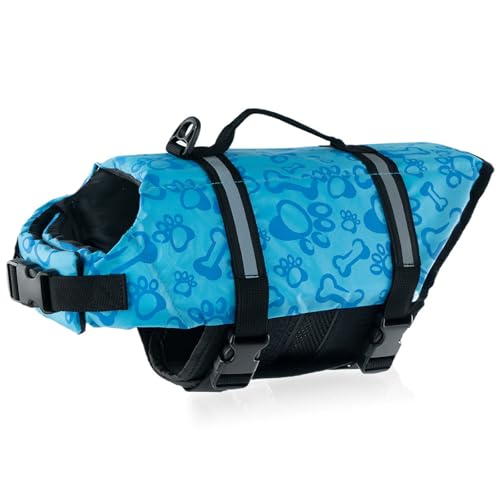 Hundeschwimmweste, verstellbar, Sicherheits-Schwimmweste, Haustier-Rettungsring mit Griff, for Schwimmen, Surfen, Bootfahren for kleine Hunde, Welpen und große Hunde (XL, Rot)(Blue Skull,S) von TLTLT