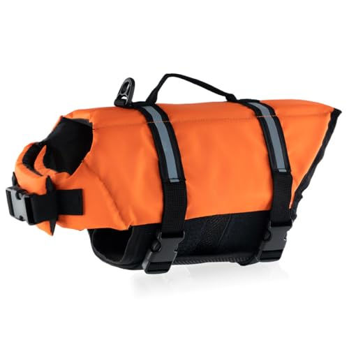 Hundeschwimmweste, verstellbar, Sicherheits-Schwimmweste, Haustier-Rettungsring mit Griff, for Schwimmen, Surfen, Bootfahren for kleine Hunde, Welpen und große Hunde (XL, Rot)(Orange,M) von TLTLT
