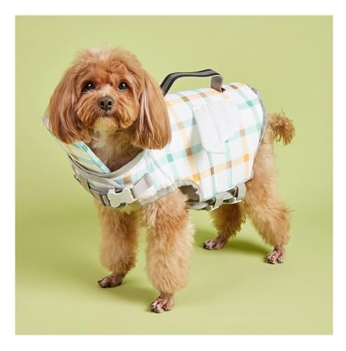Hundeschwimmweste, verstellbar, Sicherheits-Schwimmweste, Haustier-Rettungsweste mit Griff for Schwimmen, Surfen, Bootfahren for kleine Hunde, Welpen und große Hunde (XL, gelbe Biene)(White Plaid,L) von TLTLT
