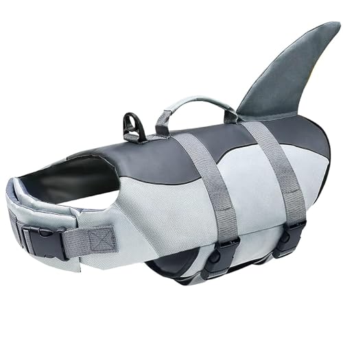 Hundeschwimmweste mit Griff, reflektierende Schwimmsicherheitsweste for kleine, mittelgroße und große Hunde und Welpen – schwimmender Lebensretter for Pool, Strand, Bootfahren(Shark - Grey,Large) von TLTLT