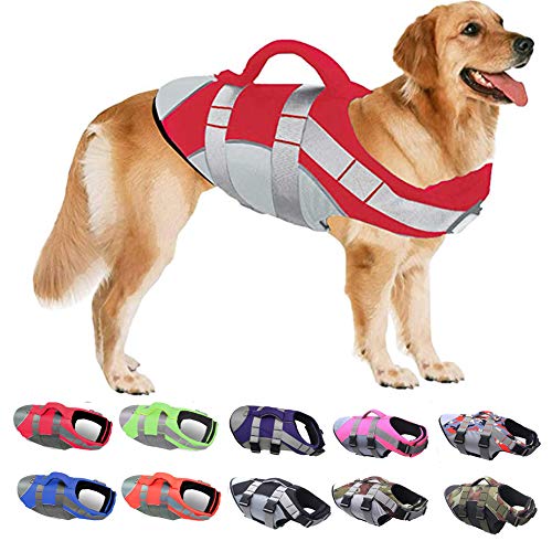 Ripstop-Rettungsweste for Hunde mit Rettungsgriff und reflektierenden Streifen, schwimmender Sicherheitsbadeanzug for kleine, mittelgroße und große Hunde – perfekt for Pool, Strand und Bootfahren(Red, von TLTLT