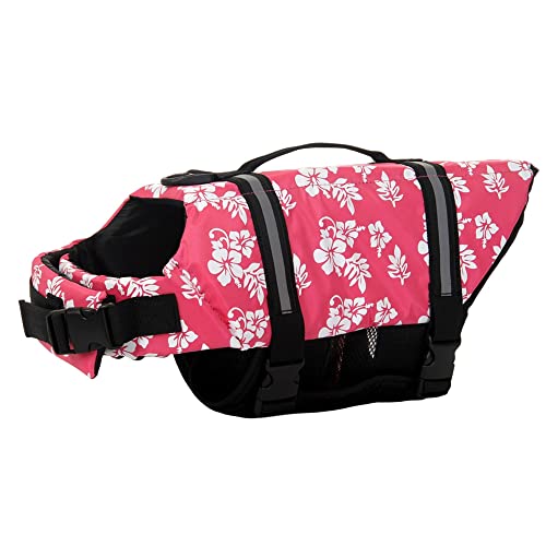 TLTLT Hundeschwimmweste, verstellbar, Sicherheits-Schwimmweste, Haustier-Rettungsweste mit Griff for Schwimmen, Surfen, Bootfahren for kleine Hunde, Welpen und große Hunde (M, Grün)(Pink Flower,XXL) von TLTLT
