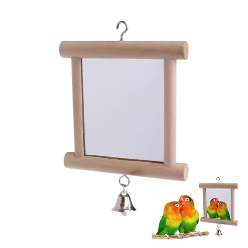 Wellensittich Spielzeug - Spiegel mit Holzrahmen, Hängender Vogel Spiegel mit Glocke, 10x15cm, Spielzeug für Vögel Papagei Kanarienvögel Agapornis Wellensittiche Papageien von TMRBBesty