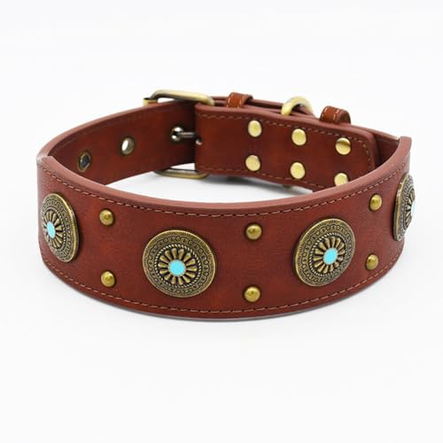 TNMIUH Kragen Vintage Hundehalsband aus Leder, Türkis-Dekor und Messingnieten, Erhältlich in Braun und Schwarz, Geeignet für mittelgroße und große Hunde, 15 kg – 40 kg,Braun,L von TNMIUH