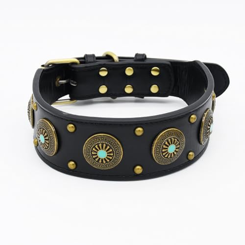 TNMIUH Kragen Vintage Hundehalsband aus Leder, Türkis-Dekor und Messingnieten, Erhältlich in Braun und Schwarz, Geeignet für mittelgroße und große Hunde, 15 kg – 40 kg,Schwarz,M von TNMIUH