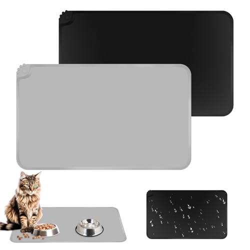 TNOMSNO 2 Stück Napfunterlage Hund Katzen, 48x30cm Set Napfunterlage Hund Katzen Silikon Hundenapf Unterlage wasserdichte Hund Katze Fütterungsmatte rutschfeste Schwarz&Grau von TNOMSNO