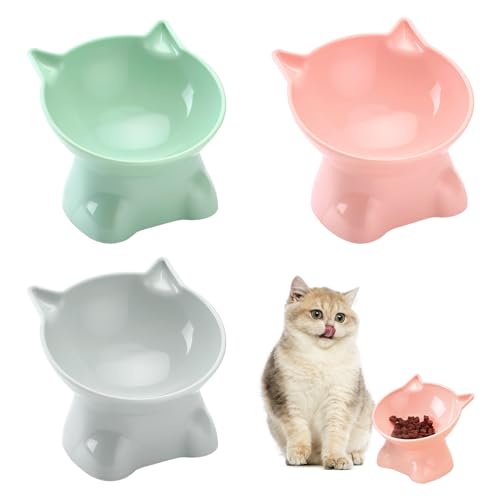 TNSLAND Katzennapf 3er Set, Katzennapf Erhöht mit 15° Neigung, Nackenpflege Katzenschüssel, Anti-Kotz Erhöhte Katzennäpfe, Kunststoffe Katzenfressnapf Wasser Katzennäpfe Erhöht Katzen Futternapf von TNSLAND