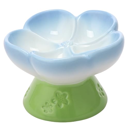 Erhöhter Katzennapf,150ml keramischer erhöhter Haustiernapf für Hauskatzen und kleine Hunde,14×10,5 cm,Haltbare Blumenform 15°gekippter Futternapf,Abnehmbarer Katzenfutter- und Wassernapf(Blau) von TNTGMG
