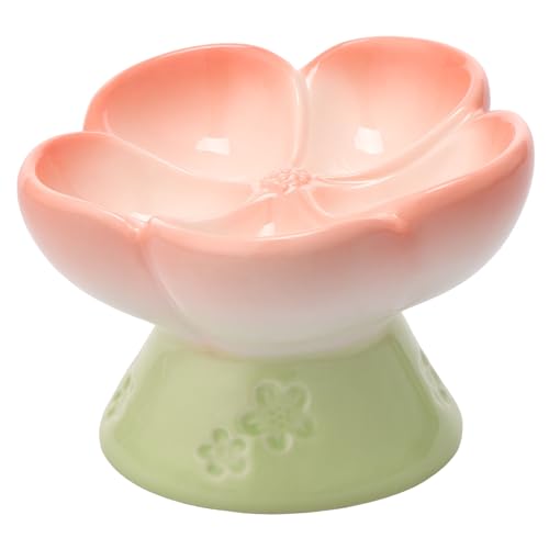 Erhöhter Katzennapf,150ml keramischer erhöhter Haustiernapf für Hauskatzen und kleine Hunde,14×10,5 cm,Haltbare Blumenform 15°gekippter Futternapf,Abnehmbarer Katzenfutter- und Wassernapf(Rosa) von TNTGMG