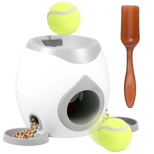 Hund Ball Launcher mit automatischem Leckerbissenspender,Interaktives Hundespielzeug mit 2 Tennisbällen für kleine und mittelgroße Hunde,Langlebiges Hundepuzzle mit langsamer Fütterung(Hellgrau) von TNTGMG