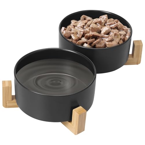 Hundenäpfe, 2 in 1 keramisches Futter- und Wassernapf-Set mit erhöhtem Holzständer, 850 ml Fassungsvermögen, erhöhtes Haustierschüssel-Set für mittelgroße Hunde, rutschfest(Schwarz) von TNTGMG
