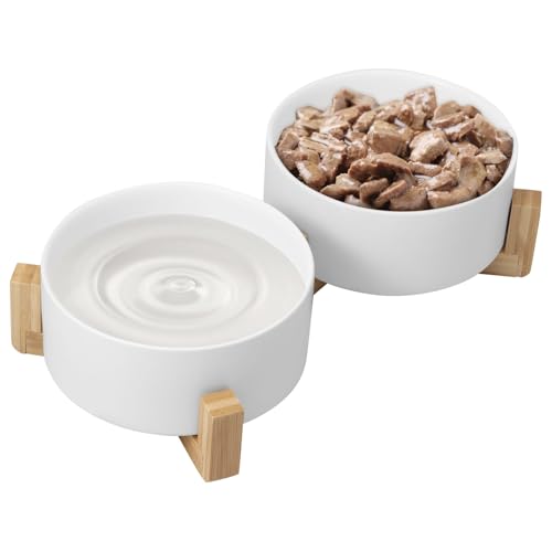 Hundenäpfe, 2 in 1 keramisches Futter- und Wassernapf-Set mit erhöhtem Holzständer, 850 ml Fassungsvermögen, erhöhtes Haustierschüssel-Set für mittelgroße Hunde, rutschfest(Weiß) von TNTGMG