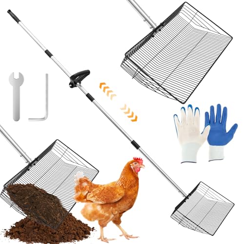 TNTGMG Hühnerkotschaufel,Einstellbare Länge 60 bis 176cm,Große Poop Scooper mit ergonomischem Griff und Handschuhe,5-in-1 Heavy Duty Coop-Schaufeln,Edelstahl Sichten Litter Schaufel für Hühnerstall von TNTGMG