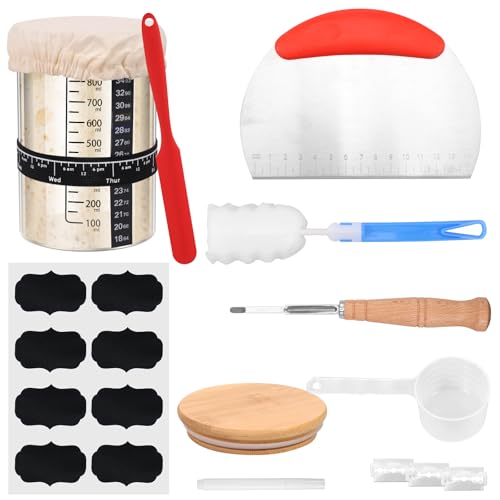 TNTGMG Sauerteig Starter Set,900ml Weithals Glas Sauerteiggefäß mit Skala,Wiederverwendbare Brotbackutensilien mit Gärtuch, Silikonspatel, Löffel, Pinsel, datumsmarkiertes Fütterungsband von TNTGMG
