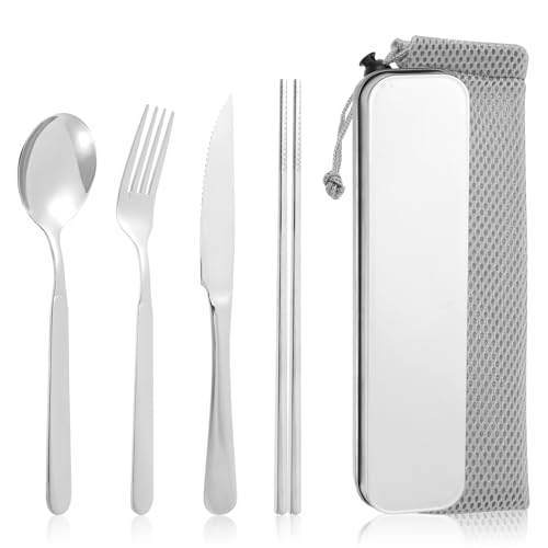 TNTGMG Silberbesteck Set,7PCS Premium Edelstahl Besteck Set inklusive Etui Messer Gabel Löffel Essstäbchen und Tasche,Langlebiges Spiegelpoliertes Geschirr Utensilien für Reisen,Zuhause von TNTGMG