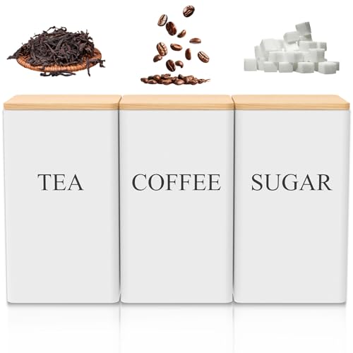 TNTGMG Tee-Kaffee-Zucker-Kanister,3 Stück 1000ml Metall Küche Lagerung Jar Set mit luftdichten Bambus-Deckel,8,5×8,5×14,3 cm,Arbeitsplatte Quadrat Tee-Kanister für losen Tee,Kaffee,Süßigkeiten (Weiß) von TNTGMG