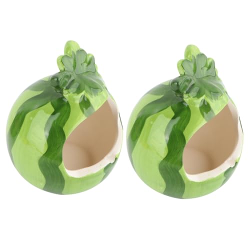 TOBBOMEY 2 Stück Keramik Hamsterhaus Wassermelon Form Sommer Kühlnest Kleintier Häuschen Haustier Schlafplatz Zubehör für Zwerghamster und Kleine Tiere Grün von TOBBOMEY