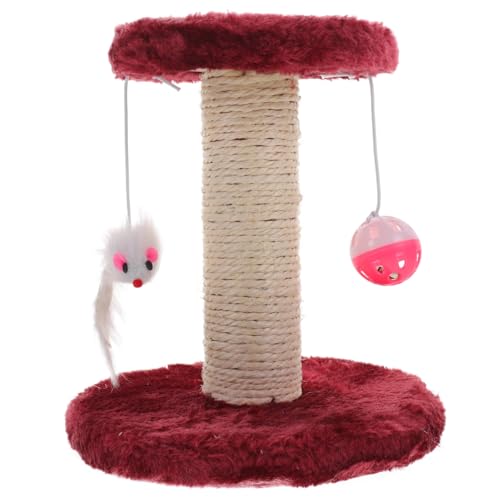 TOBBOMEY Sisal Katzenkratzbaum Doppelstöckig mit Plüschspielbällen Robuster Kratzstamm für Kätzchen Innenbereich Kratzsäule zum Krallenwetzen in Weinrot von TOBBOMEY