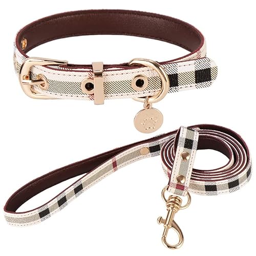 TOBILE Hundegeschirr Zwei -Pack -Mode -Leder -Plaid Kleiner Haustierkragen -Leinen -Set von TOBILE