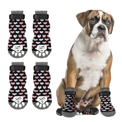 TOEECY Hundesocken 4 Stück Anti Rutsch Atmungsaktiv Hundesocken mit Verstellbaren Klettverschluss Riemen für Kleine Mittlere und Große Hunde (M) von TOEECY